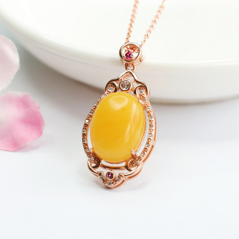 Rose Gold Necklace with Beeswax Amber Zircon Pendant