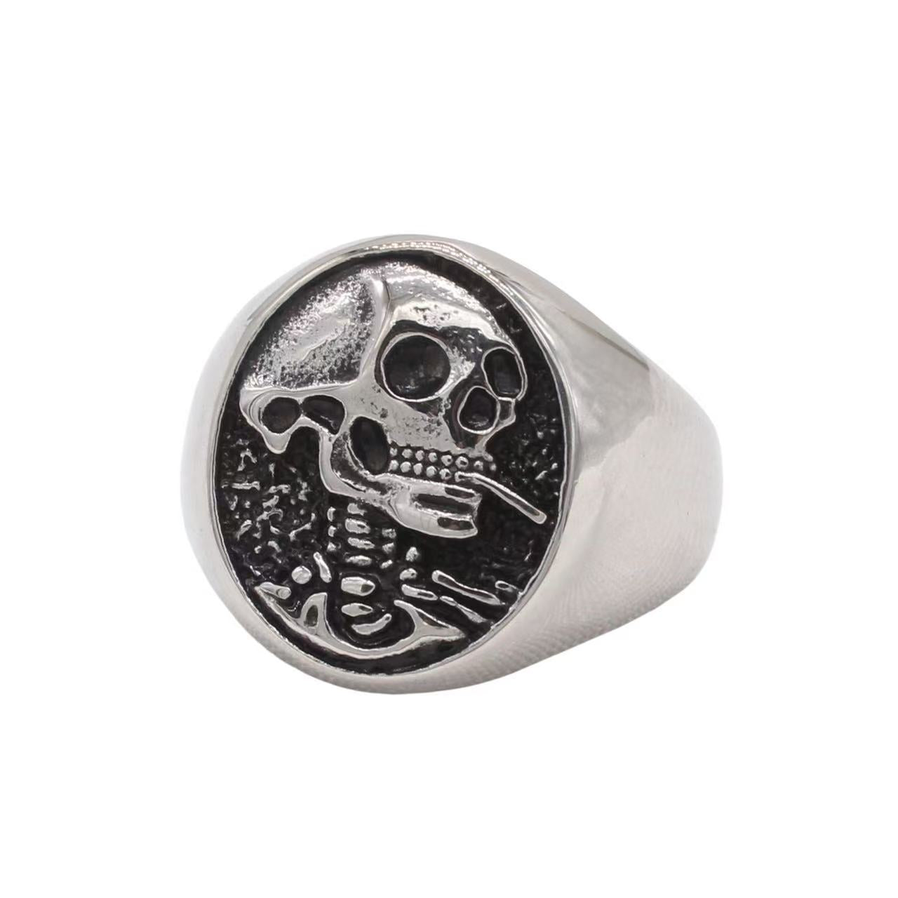 Planderful Jewelry Men's Vintage Smoking Skull Ring in Titanium Steel With Bold Craft