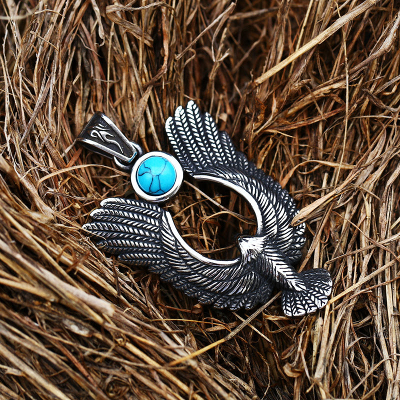 Personalized Retro Titanium Steel Eagle Pendant with Turquoise Inlay for Men
