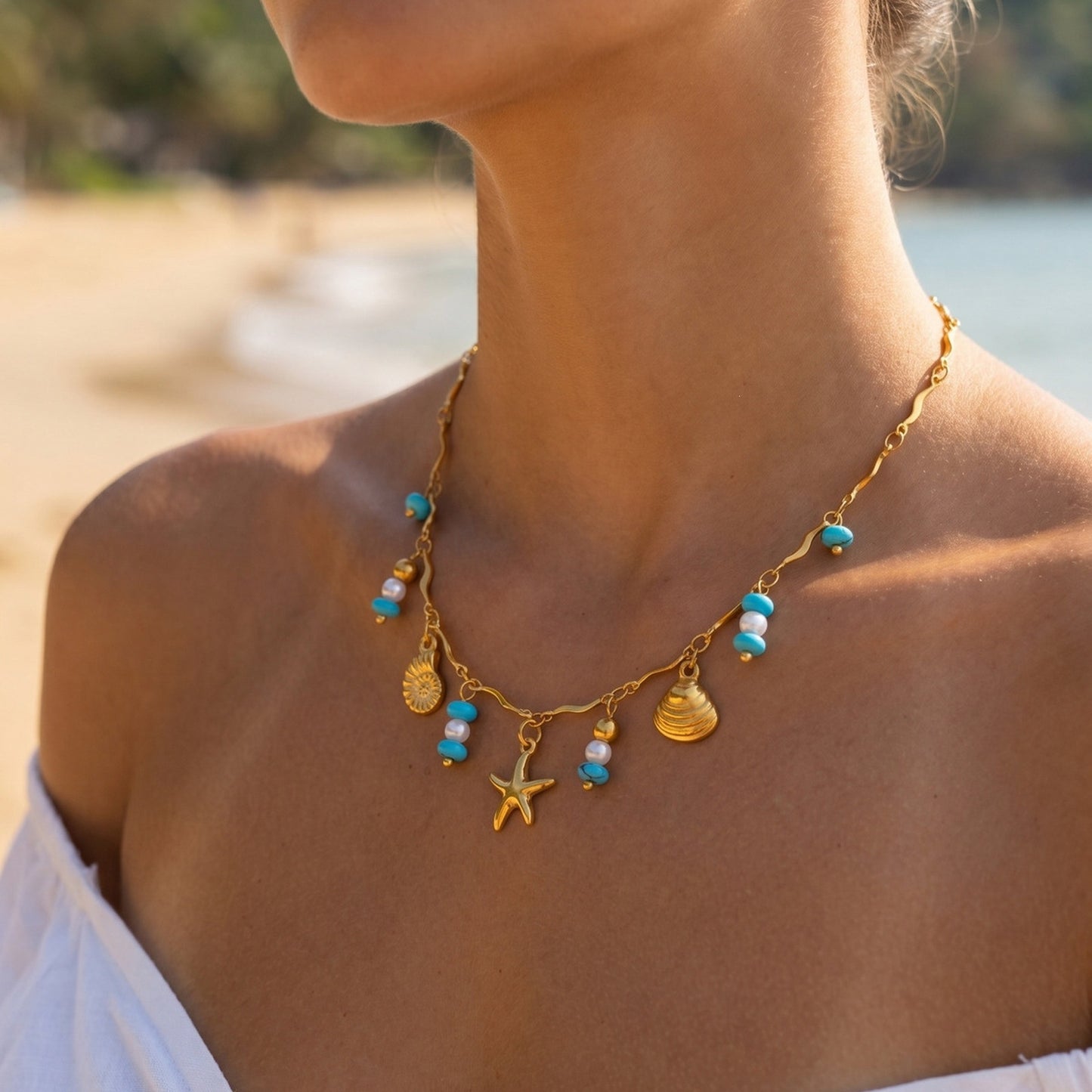 Ocean Wind Stainless Steel Turquoise Imitation Pearl Conch Starfish Shell Wave Bead Necklace