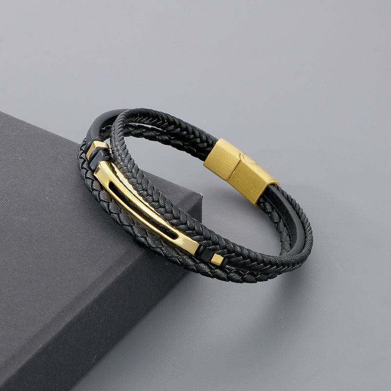 Planderful Stainless Steel Leather Rope Bracelet Men Black