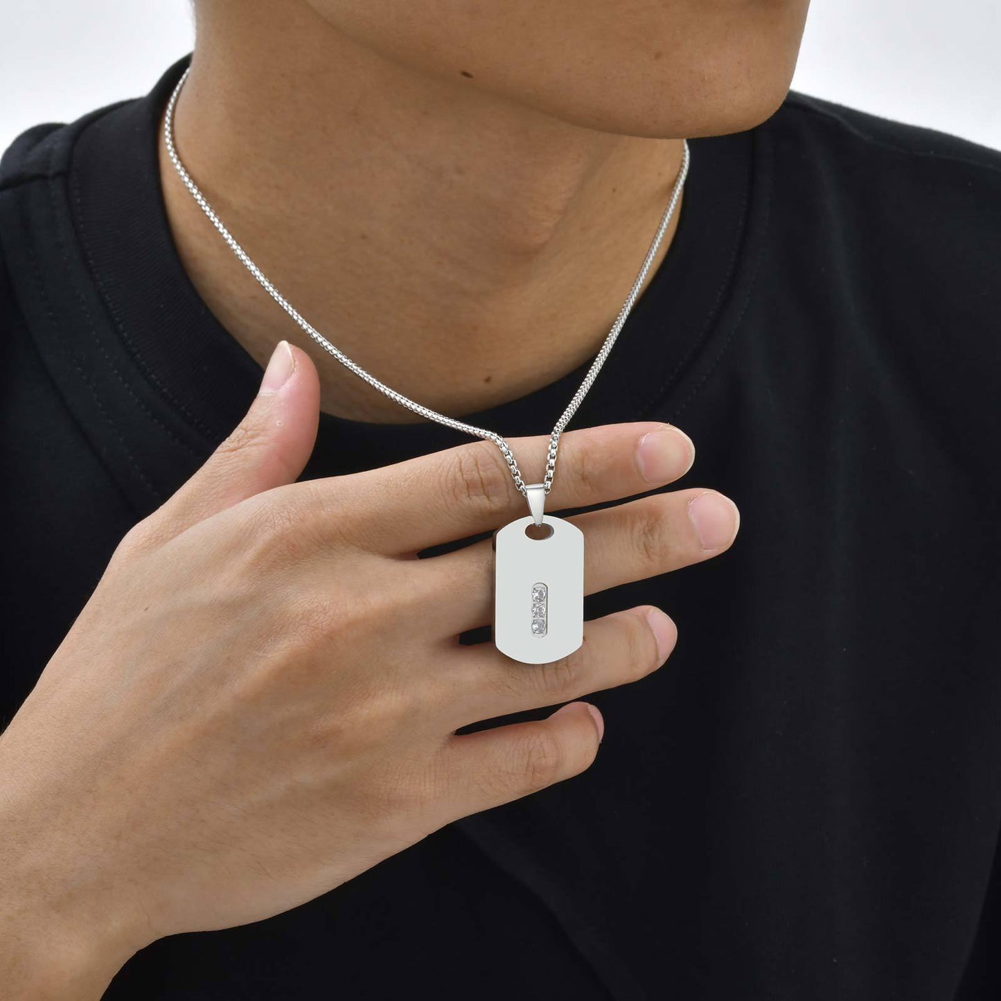 Planderful Mens Stainless Zircon Dog Tag Geometric Necklace