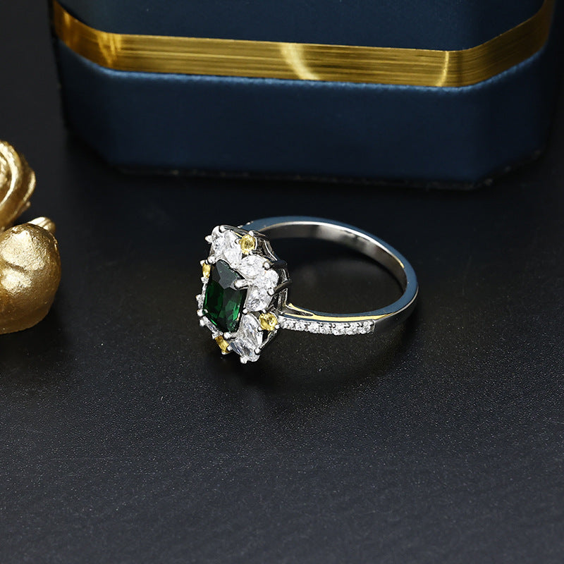 Silver Jewelry Green Zirconium Rectangle 7x5 Gemstone Ring