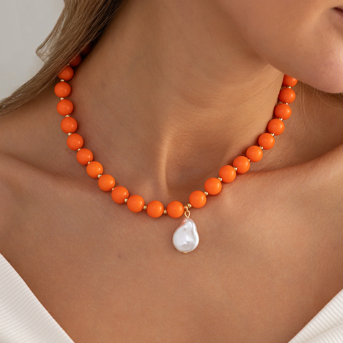 Colored Round Beads Pearl Necklace Dopamine Beaded Holiday Wind Necklace