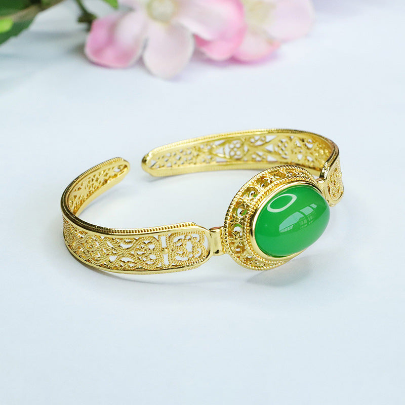 Green Chalcedony Sterling Silver Bracelet with Golden Clasp