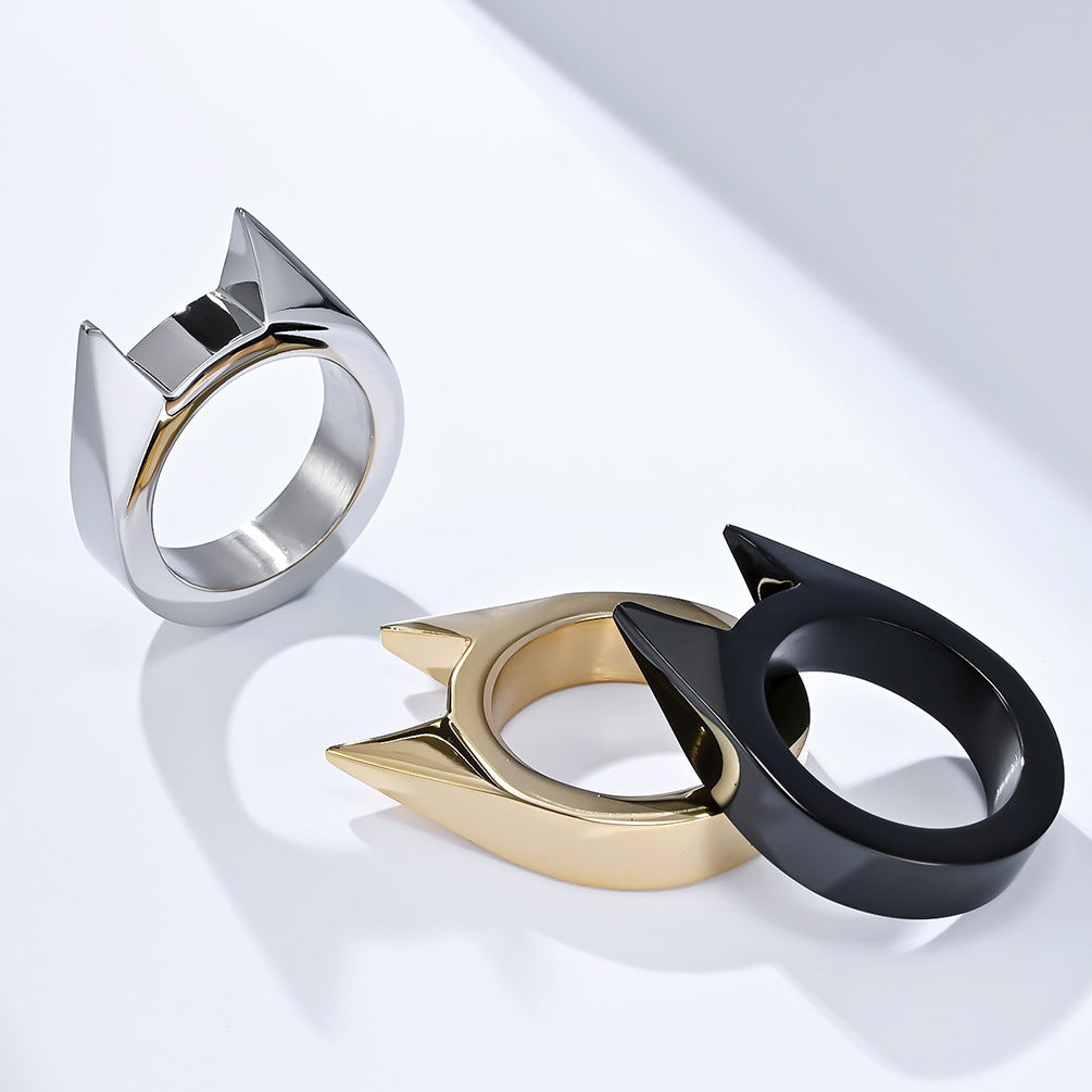 Planderful Everyday Genie Self Defense Ring With Spiked Cat Ear Design Gold Plated Titanium Steel For Men