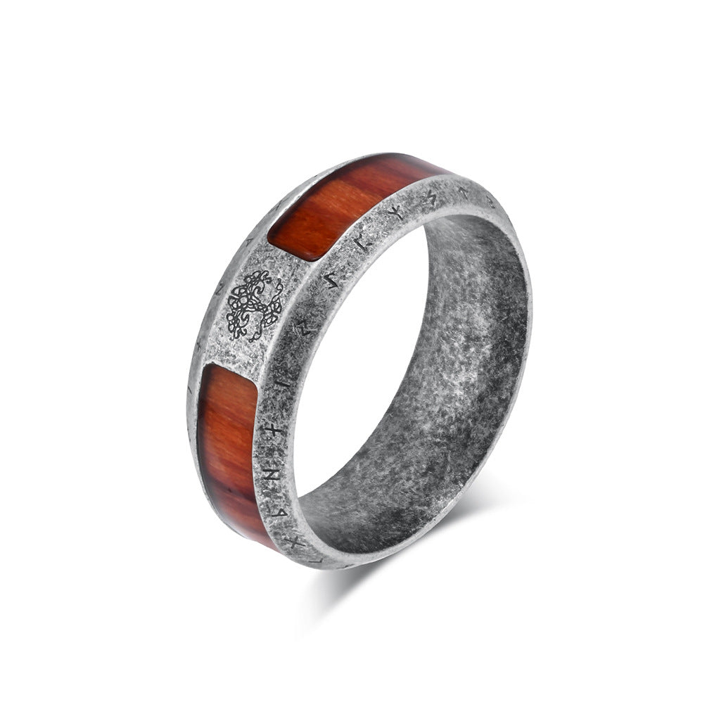 Steel Ring – Vintage Nordic Viking World Tree Men's Ring With Wood Grain Texture And Bold Design