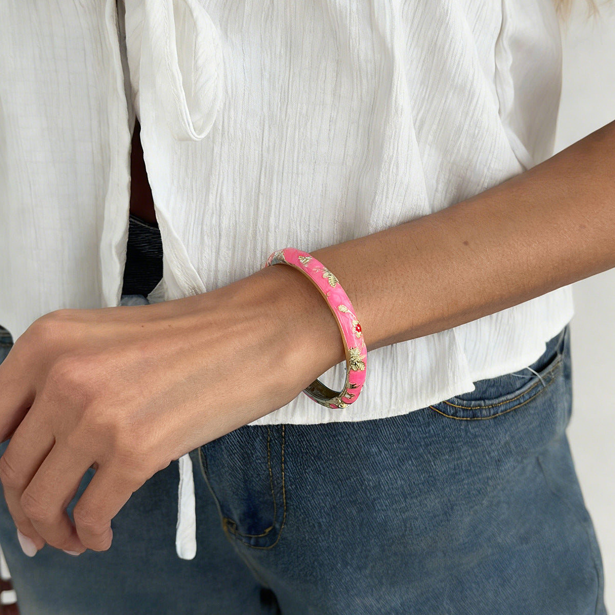Planderful Vienna Verve Floral Opening Bracelet For Women Pastel Color Dripping Oil Style Elegant Metal Jewelry