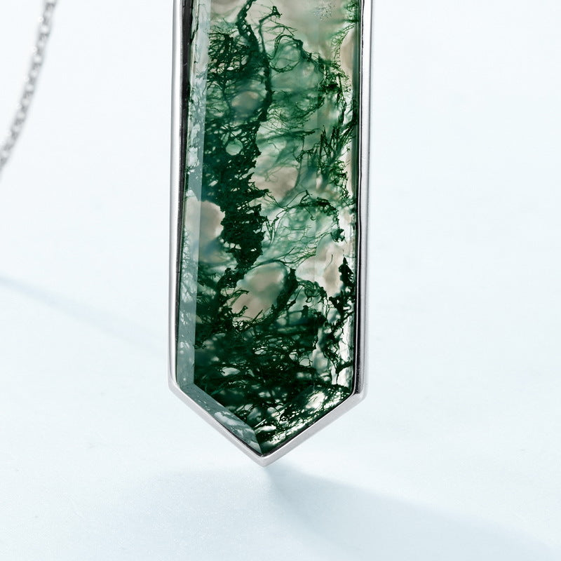S925 Sterling Silver Moss Agate Geometric Pendant Necklace