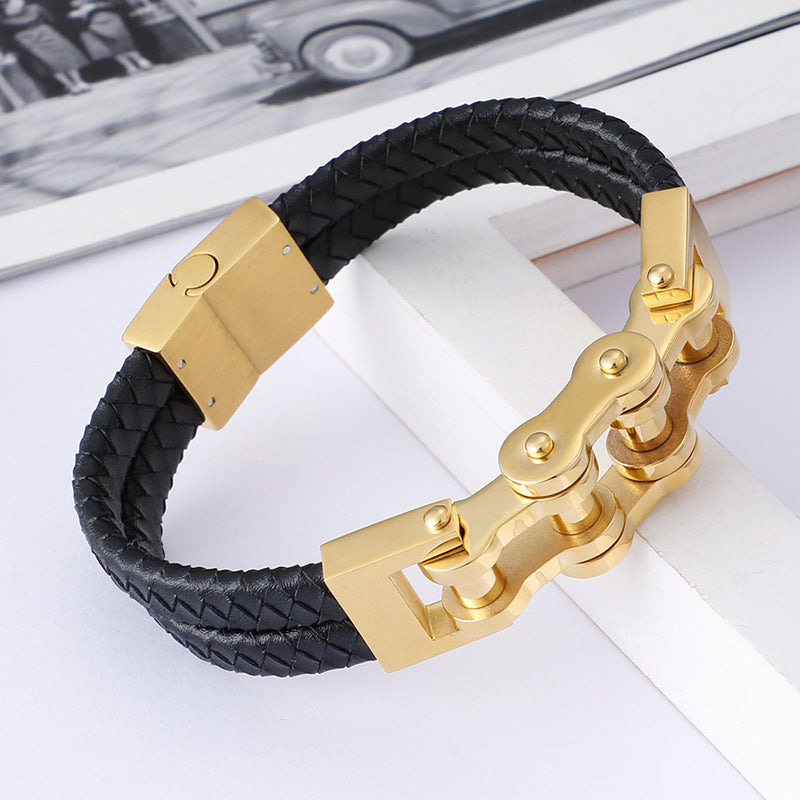 Planderful Men Punk Chain Leather Bracelet Stainless Steel