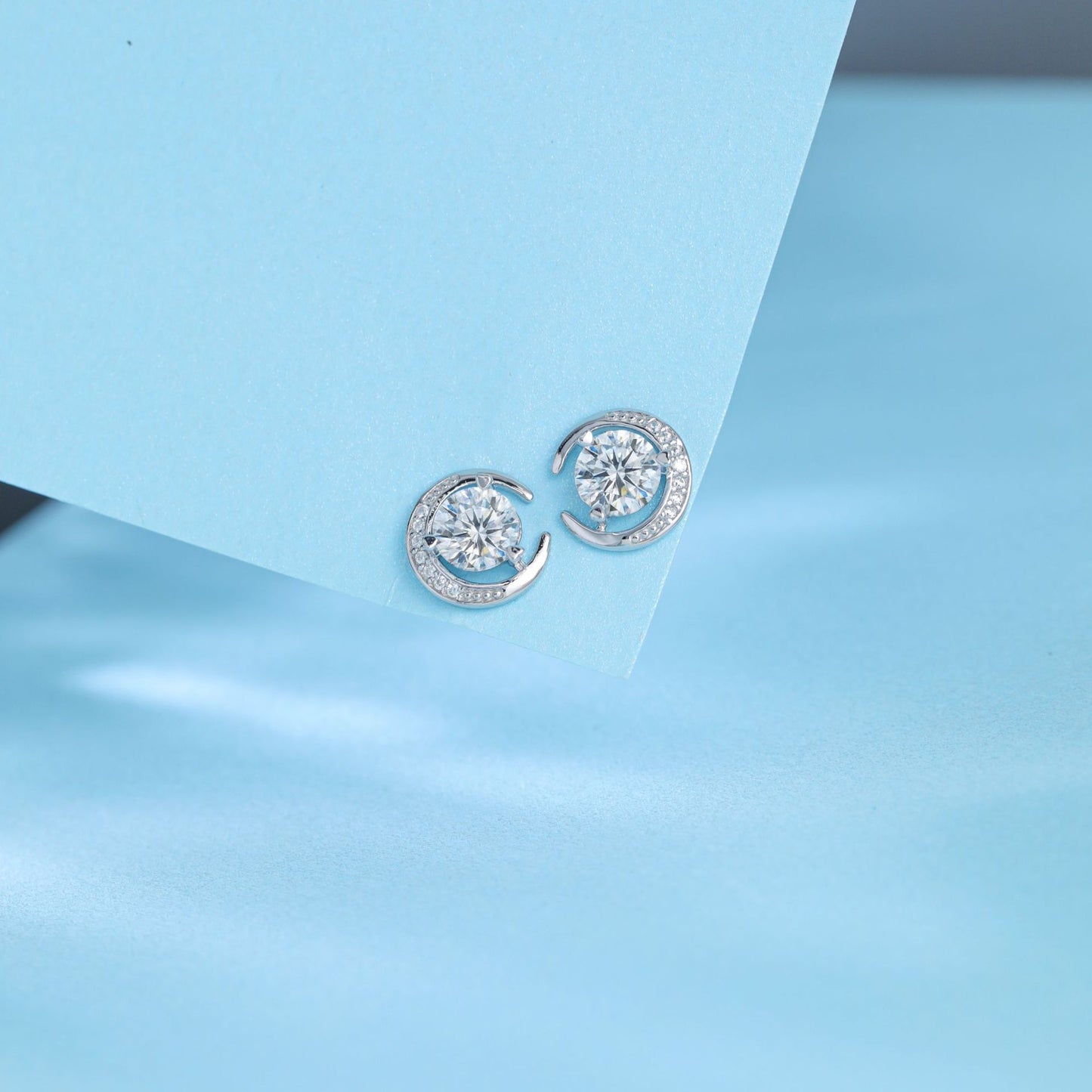 Round Zircon Crescent Moon Sterling Silver Stud Earrings