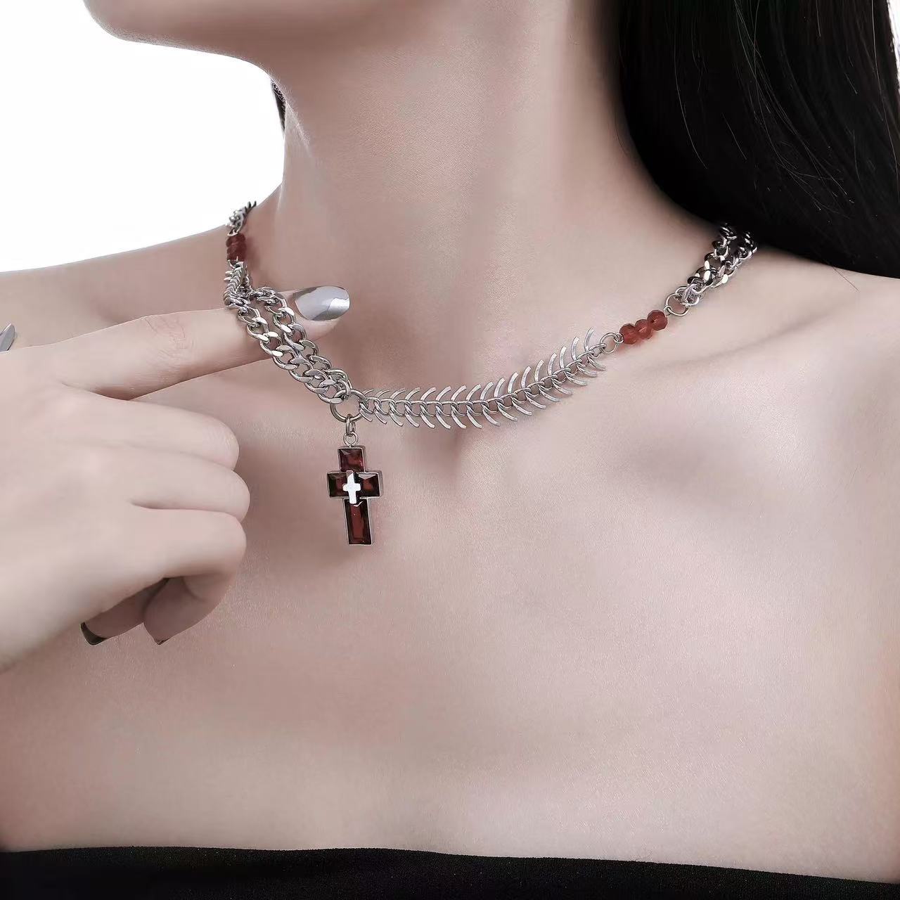 Planderful Jewelry Steel Fishbone Chain Cross Pendant Necklace