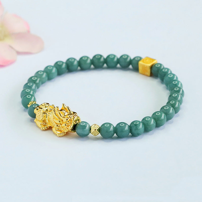 Blue Water Jadeite Pixiu & Round Bead 5.8 mm Bracelet