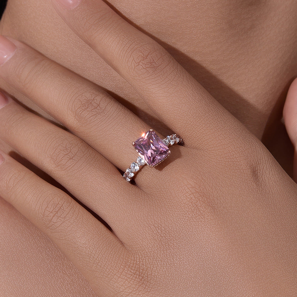 925 Sterling Silver Full Zircon Plated Rose Gold Ring Square Zircon Ring