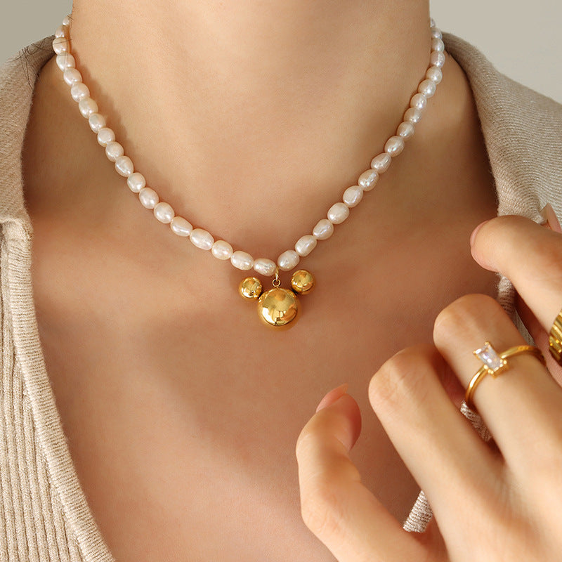 Freshwater Pearl Necklace with Cartoon Mouse Charm