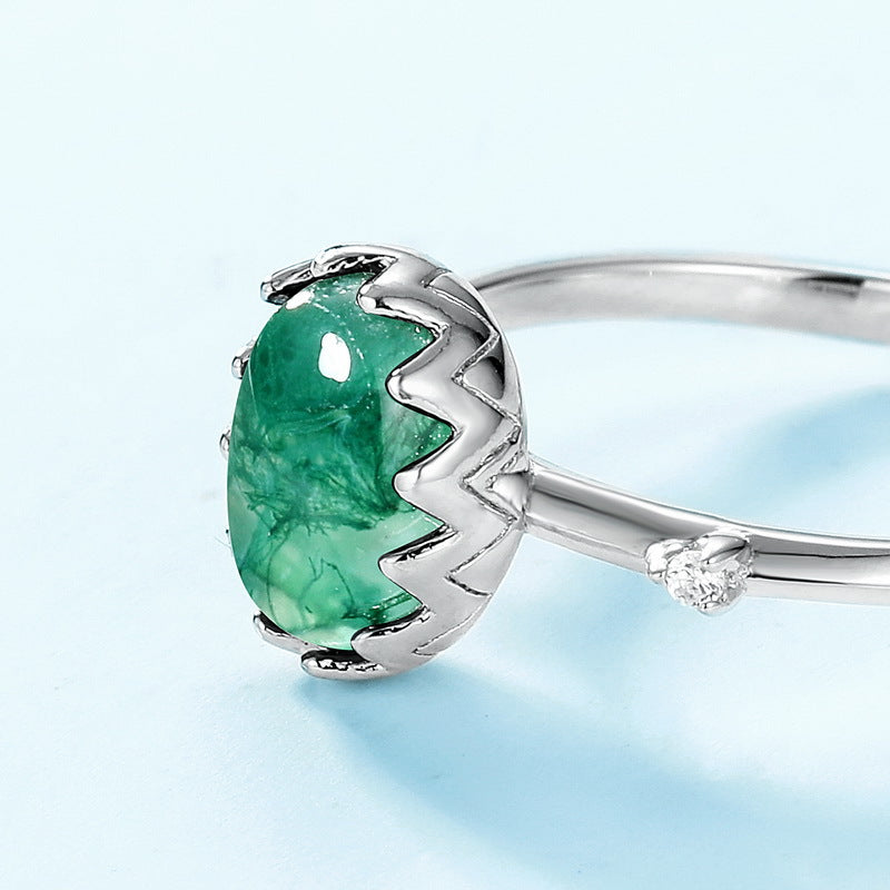 S925 Sterling Silver Moss Agate Geometric Ring