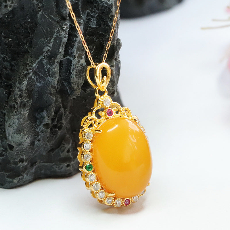 Colorful Zircon Halo Amber Pendant with Sterling Silver Necklace