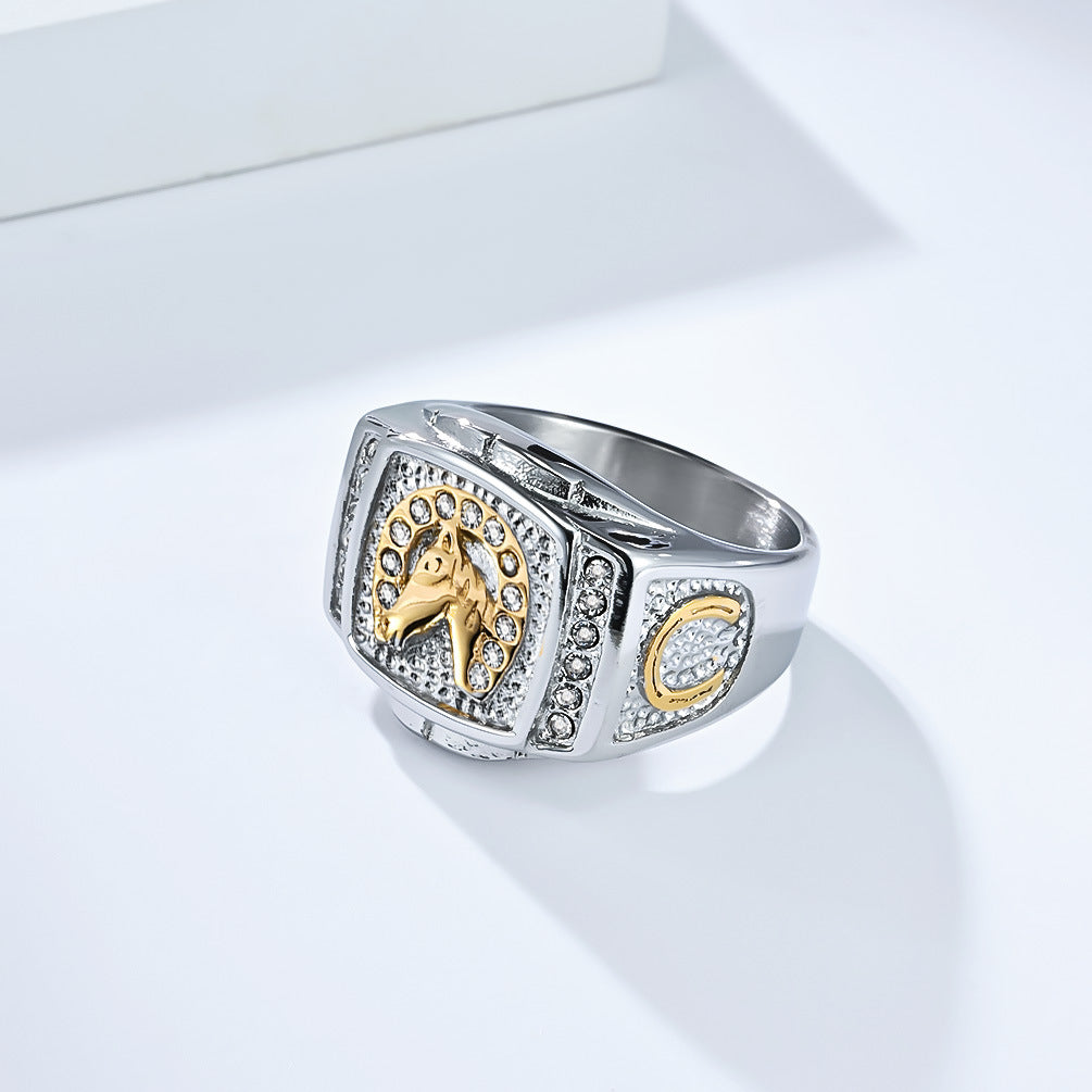Planderful Retro Hip Hop Horse Head Ring Titanium Steel Plated 18K Gold With Zircon For Men