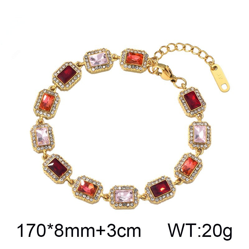 Color Surrounding Square Zircon Stainless Steel Bracelet Palace Style Adjustable