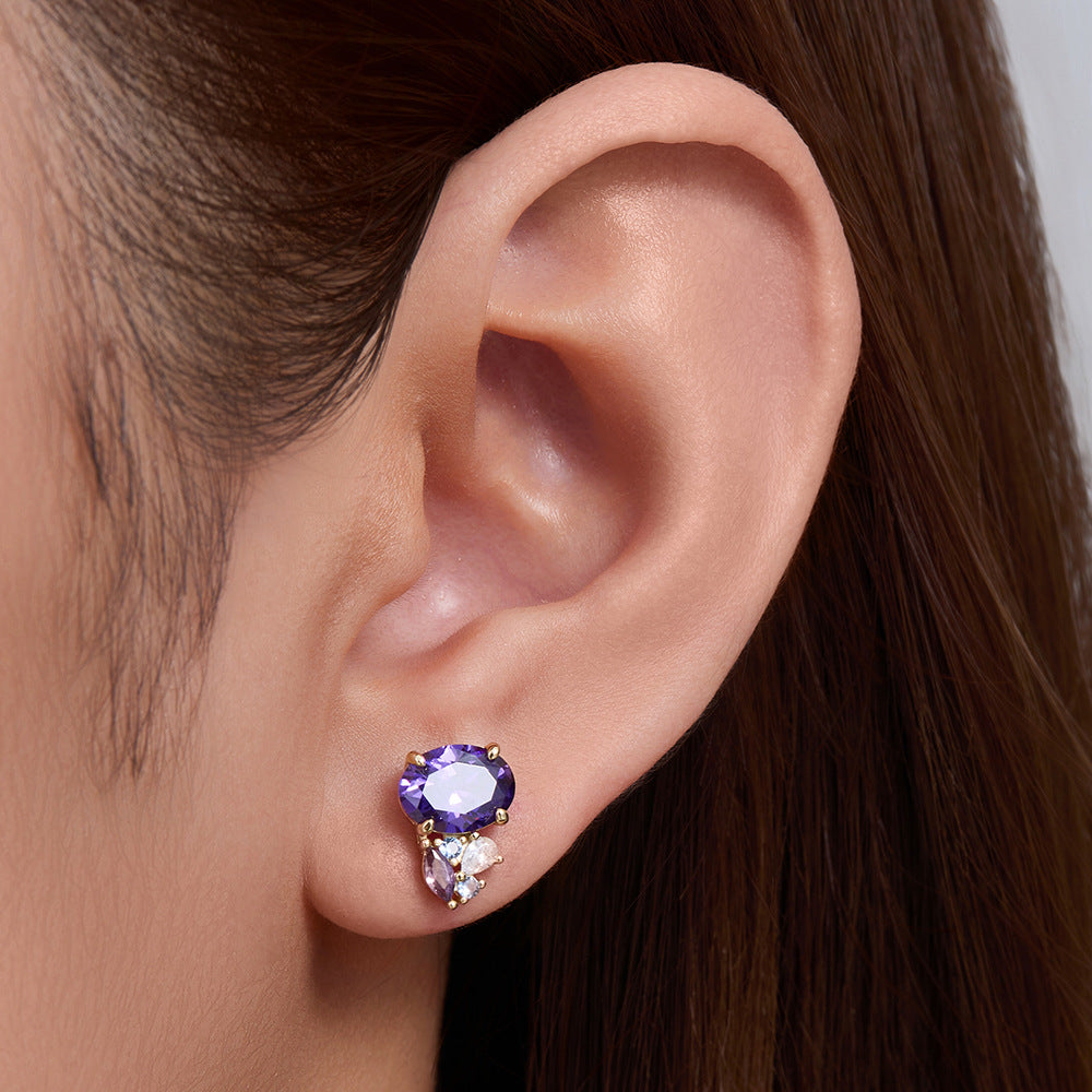 S925 Sterling Silver Colored Gemstone Stud Earrings Geometric Horse Eye Oval Purple Zircon