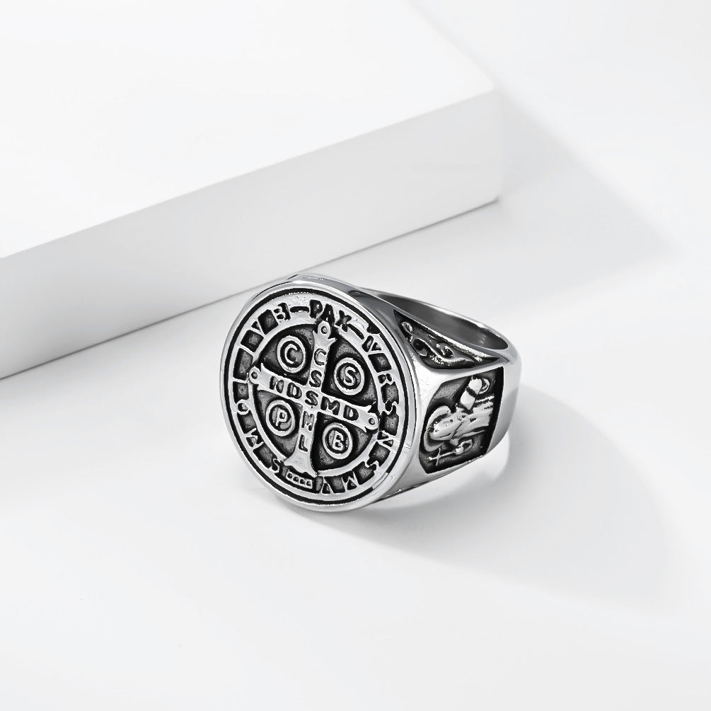 Planderful Saint Benedict Ring For Men And Unisex Titanium Steel Exorcist Protection Jewelry