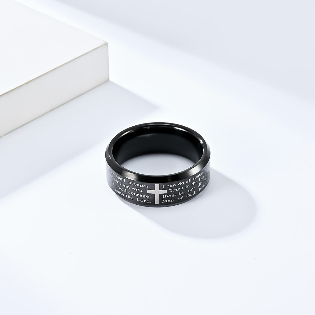 Tungsten Carbide Steel Laser Cross Scripture Ring for Men