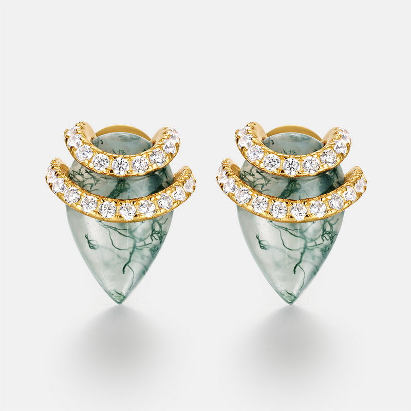 Planderful Everyday Genie Earrings – Natural Green Moss Water Drop Design in S925 Silver Plated Gold