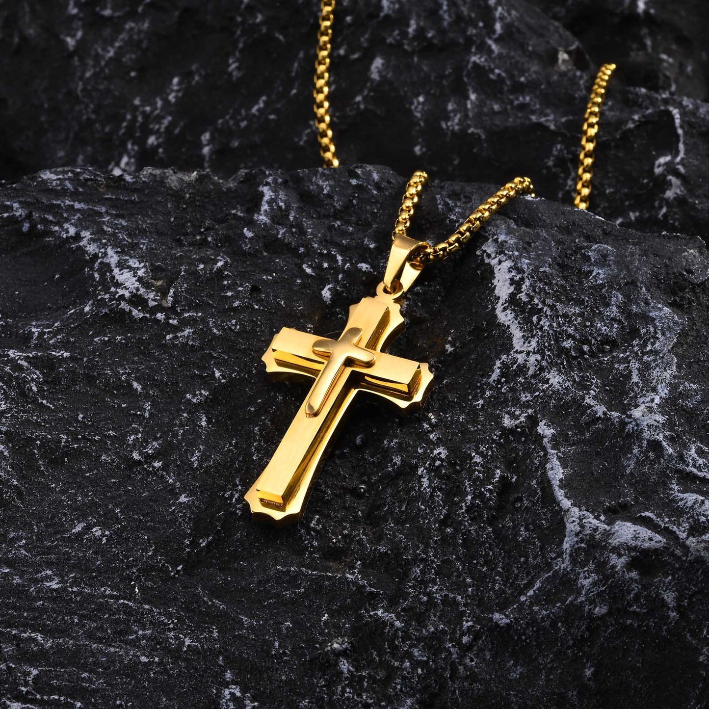 Jewelry European And American Accessories Stainless Steel Three Layer Cross Pendant Necklace For Men