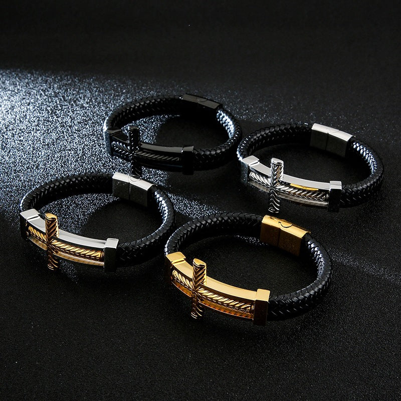 Tide & Cool Wheat Ear Pattern Cross Titanium Steel Leather Bracelet Men's – Niche