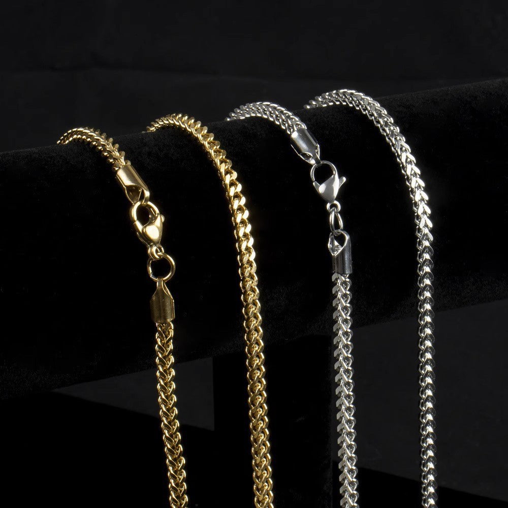 Planderful Jewelry Stainless Steel Mens Necklace 3mm Front Back Grind Hip Hop 18K Gold Plated