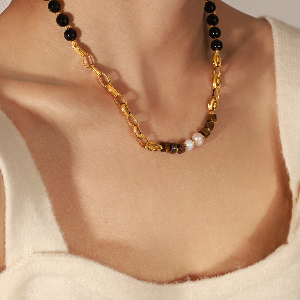 Luxury Tiger's Eye and Black Agate Handmade Necklace with Freshwater Pearls