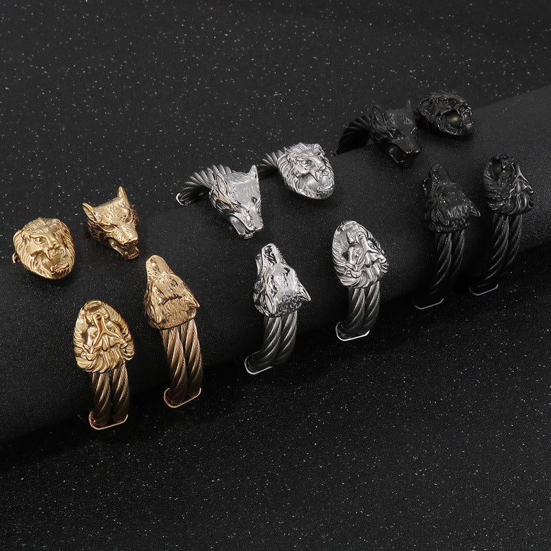 Punk Style Braided Wire – Lion Head Wolf Head Titanium Steel Men's Bracelet