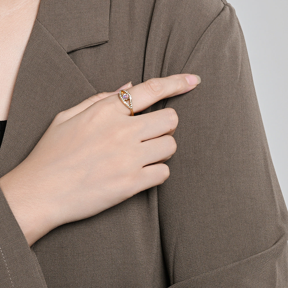 Planderful Moonstone Eye Ring For Women Light Luxury Retro Style Titanium Steel Hand Jewelry