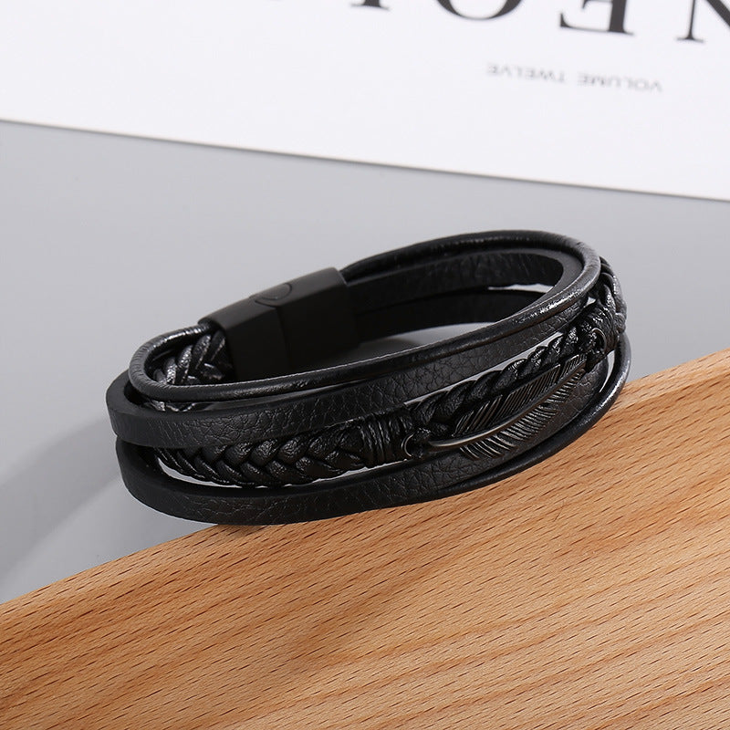 Men's Stainless Steel Feather Bracelet Planderful Layered