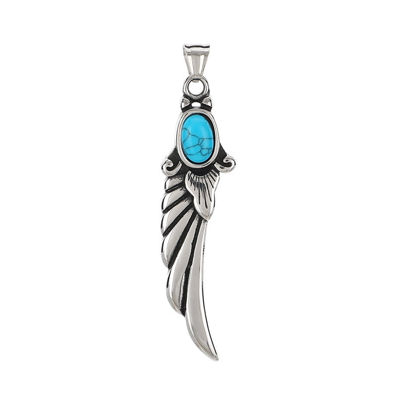 Axe Devil'S Eye Pendant, Ethnic Retro Turquoise Feather Pendant, Stainless Steel Men's Necklace