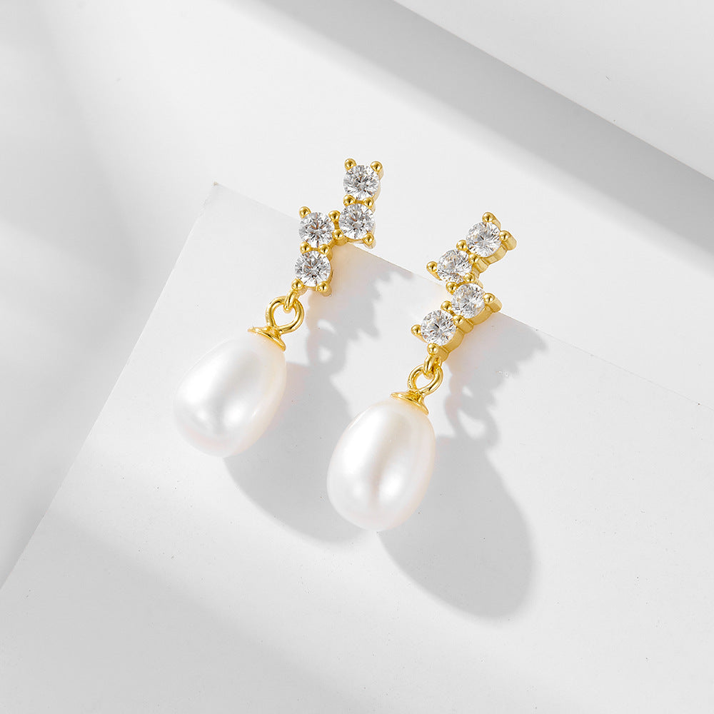 Oval Freshwater Pearl Pendant Round Zircon Sterling Silver Drop Earrings