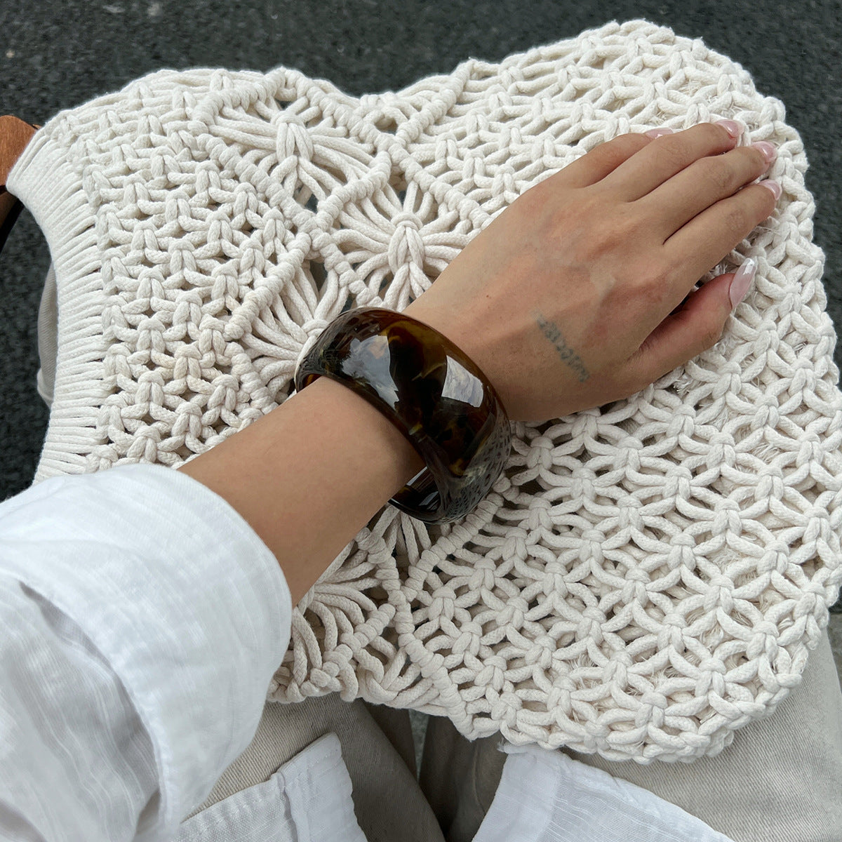 Wide Version Smudged Stone Pattern Semi-Transparent Bracelet Exaggerated Retro Special-Shaped Amber Tire