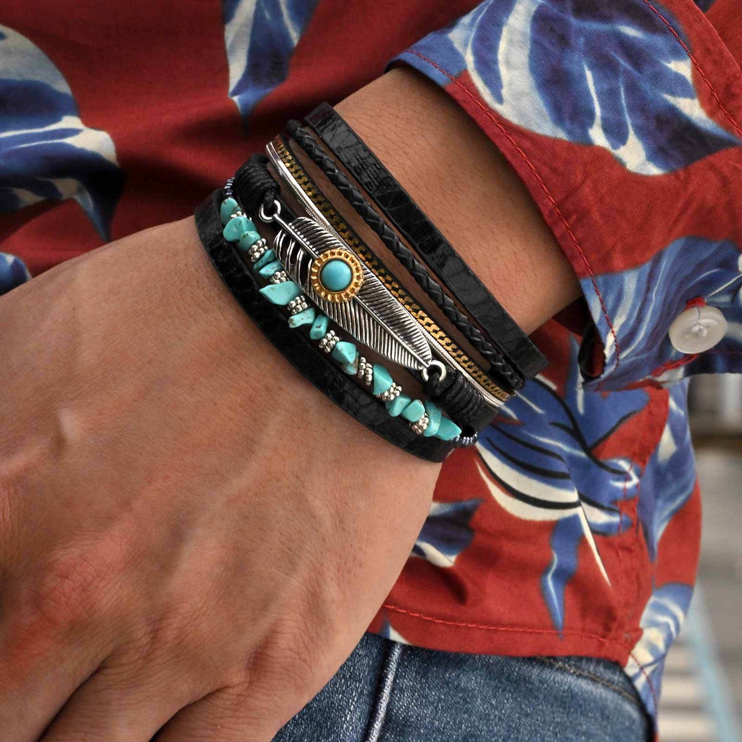 Planderful Durable Feather Turquoise Alloy Bracelet For Men