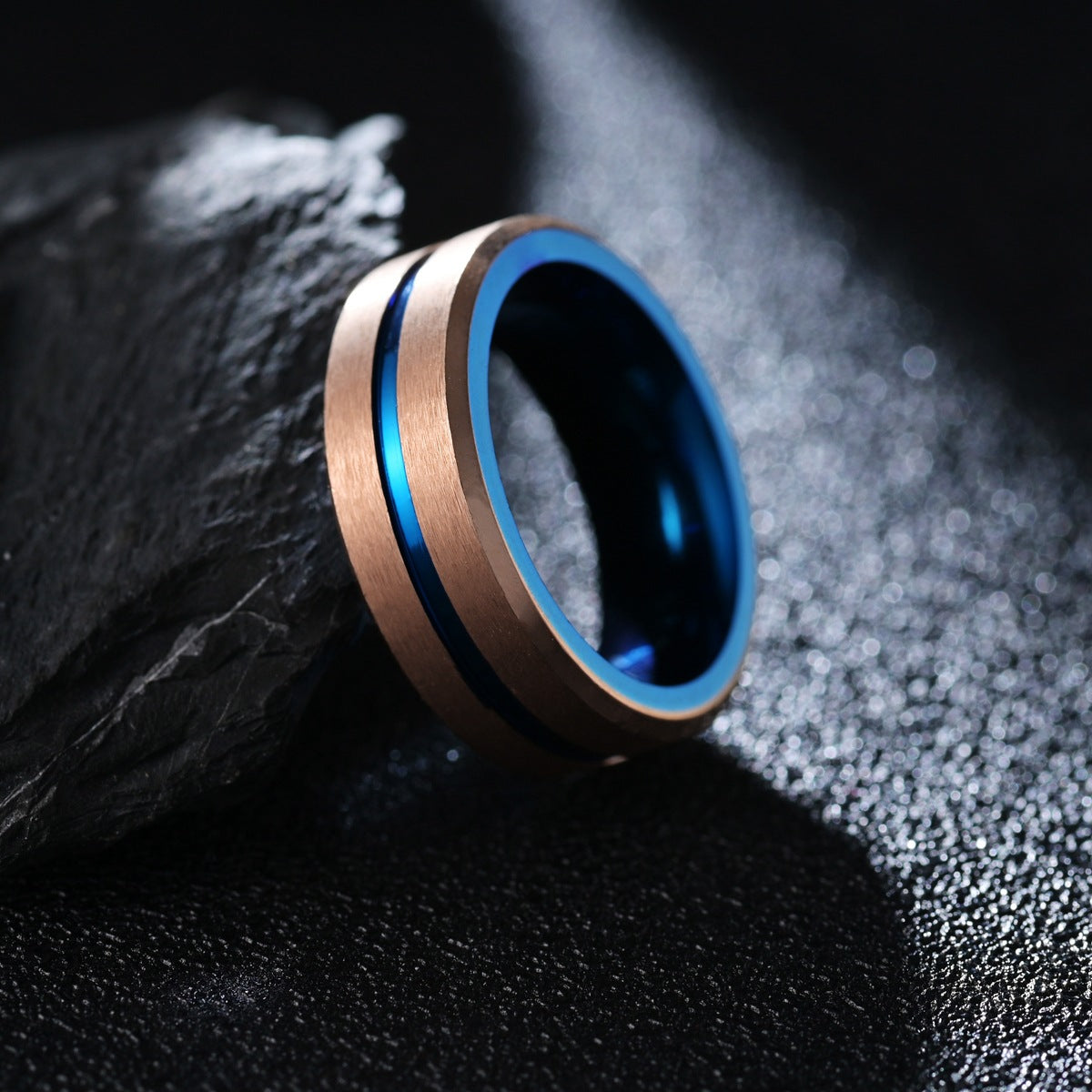 Rose Gold and Blue Tungsten Steel Men's Ring - European & American Fashion Jewelry
