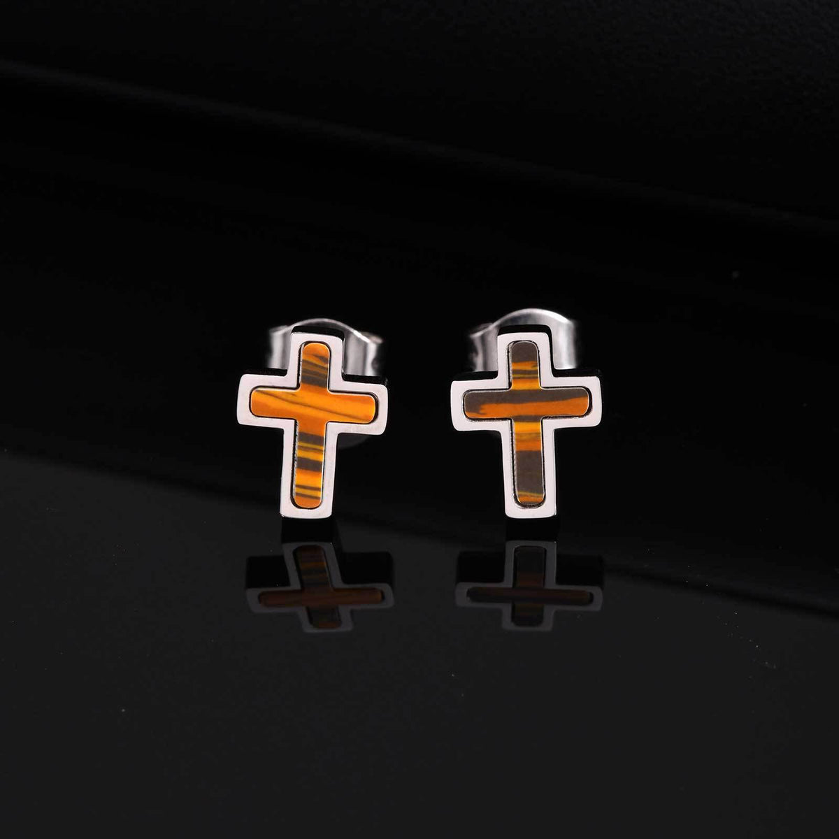 Stainless Steel Tiger's Eye Cross Earrings