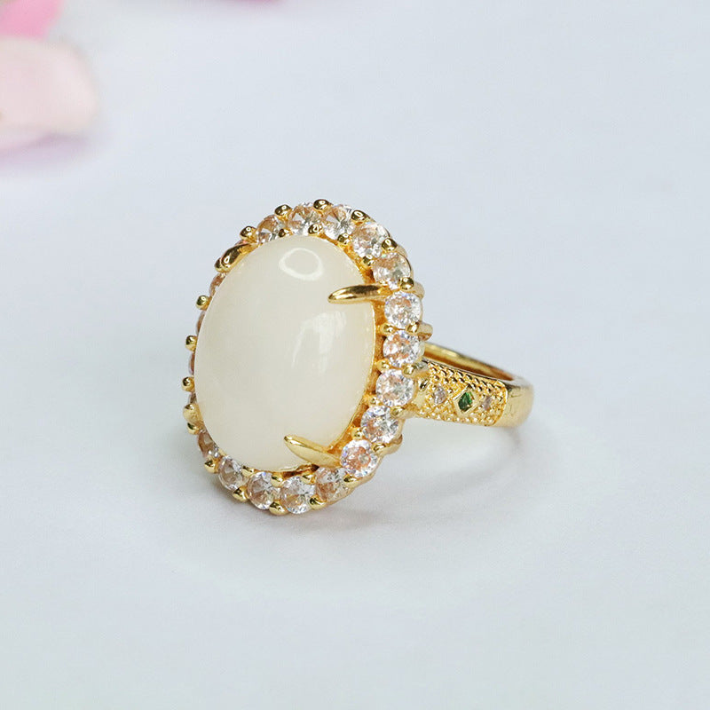 White Hetian Jade Zircon Halo Ring