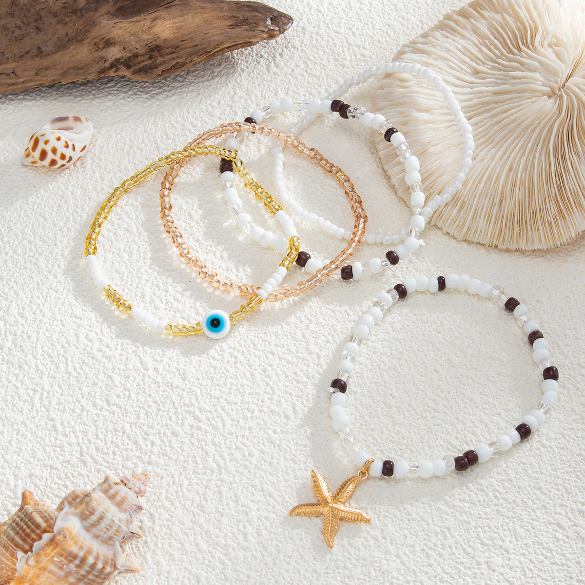 Devil'S Eye Colored Rice Bead Elastic Bracelet Bohemian Starfish Stacked With Beaded