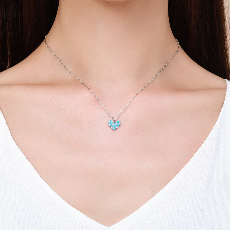 Elegant Heart-shaped Turquoise and Zircon Silver Necklace