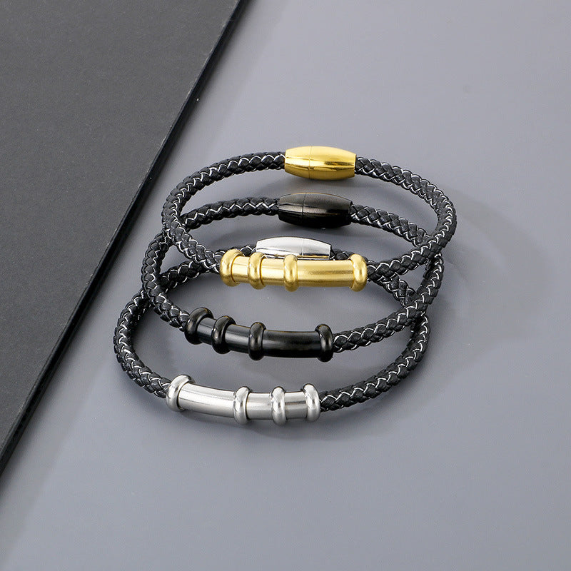 Smooth Curved Tube Leather Rope Bracelet – Woven Leather Rope Magnetic Buckle Men's