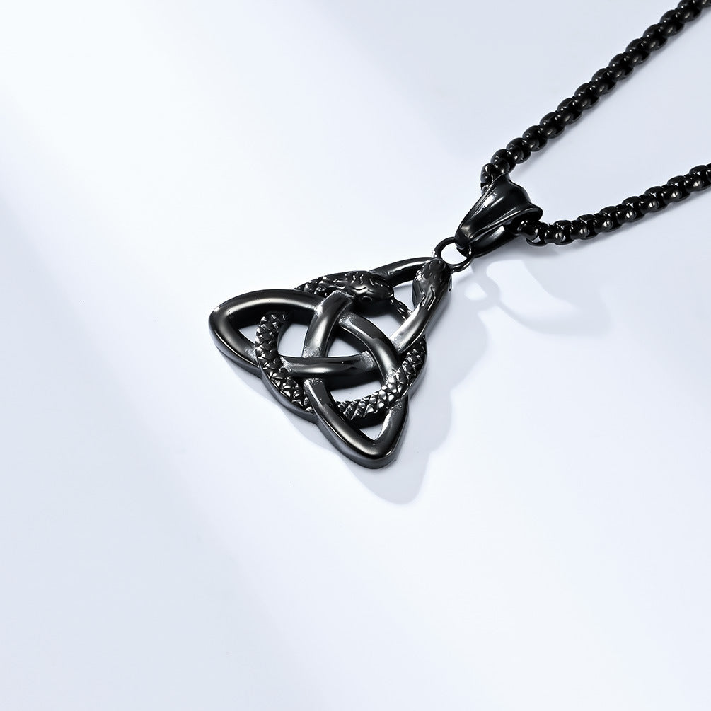 Planderful Viking Double Headed Snake Triangle Knot Necklace For Men Durable Titanium Steel Eternal Knot Pendant