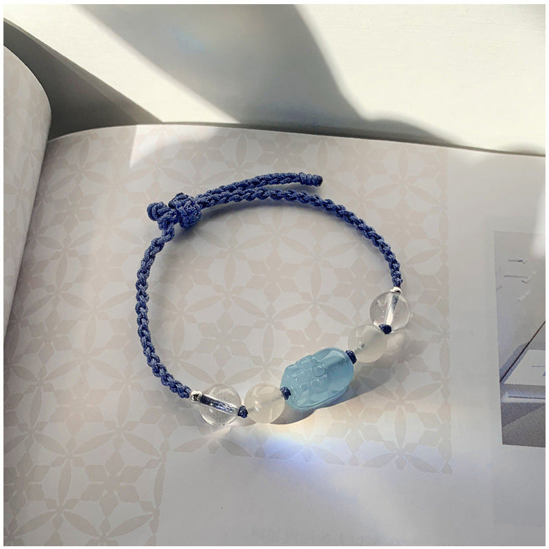 Blue Moonlight Crystal Sterling Silver Bracelet with Sea Blue Treasure Pixiu