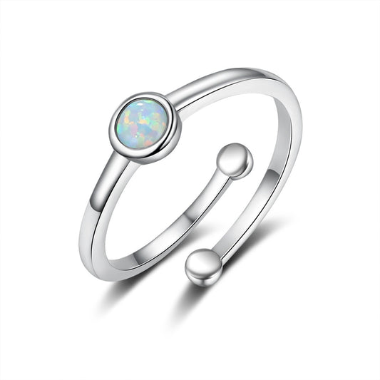 Planderful Jewelry Opal Open Ring in S925 Sterling Silver White Round Opal Adjustable