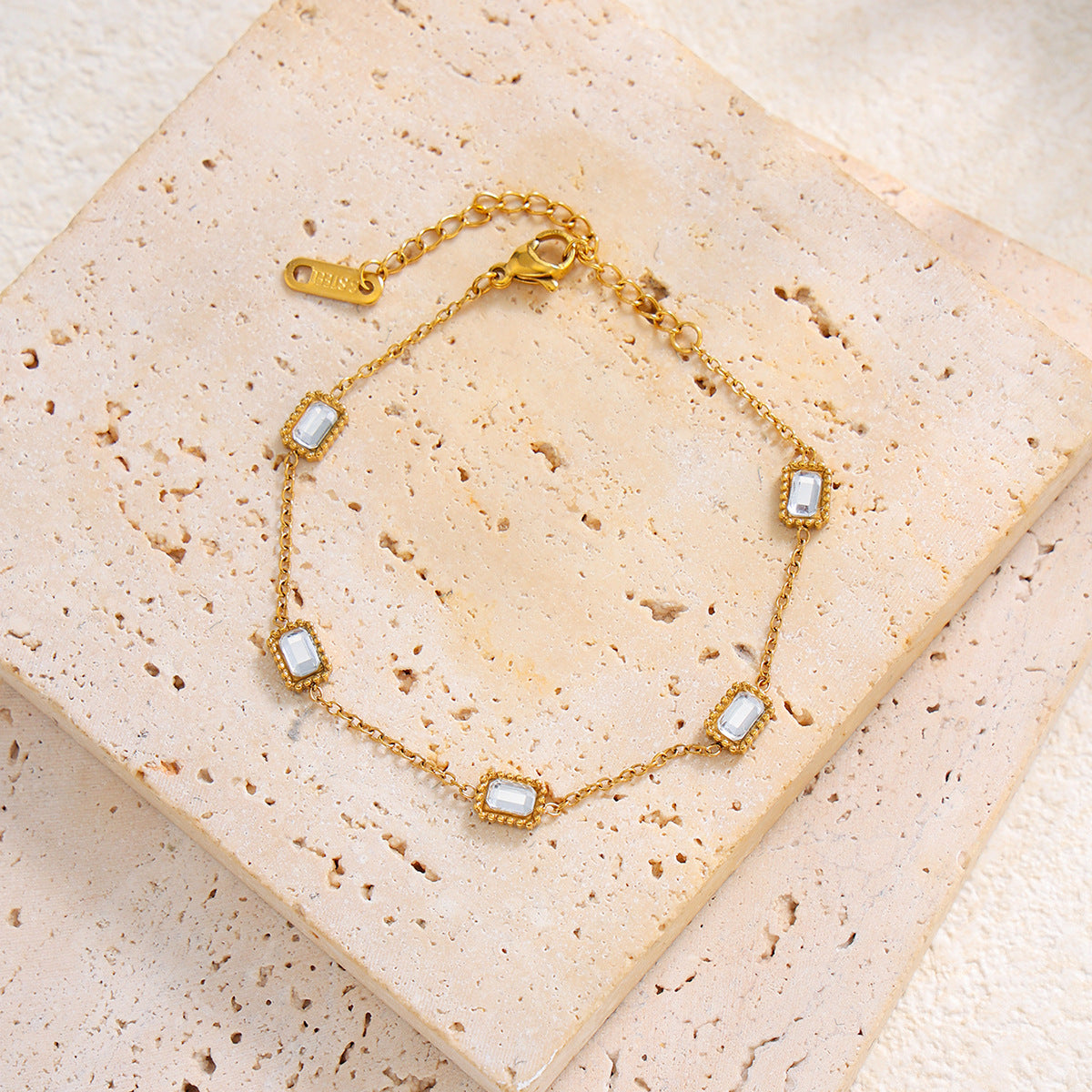 Stainless Steel Vertical Pattern Inlaid Zircon Bracelet Slightly Inlaid Zircon Square Gemstone