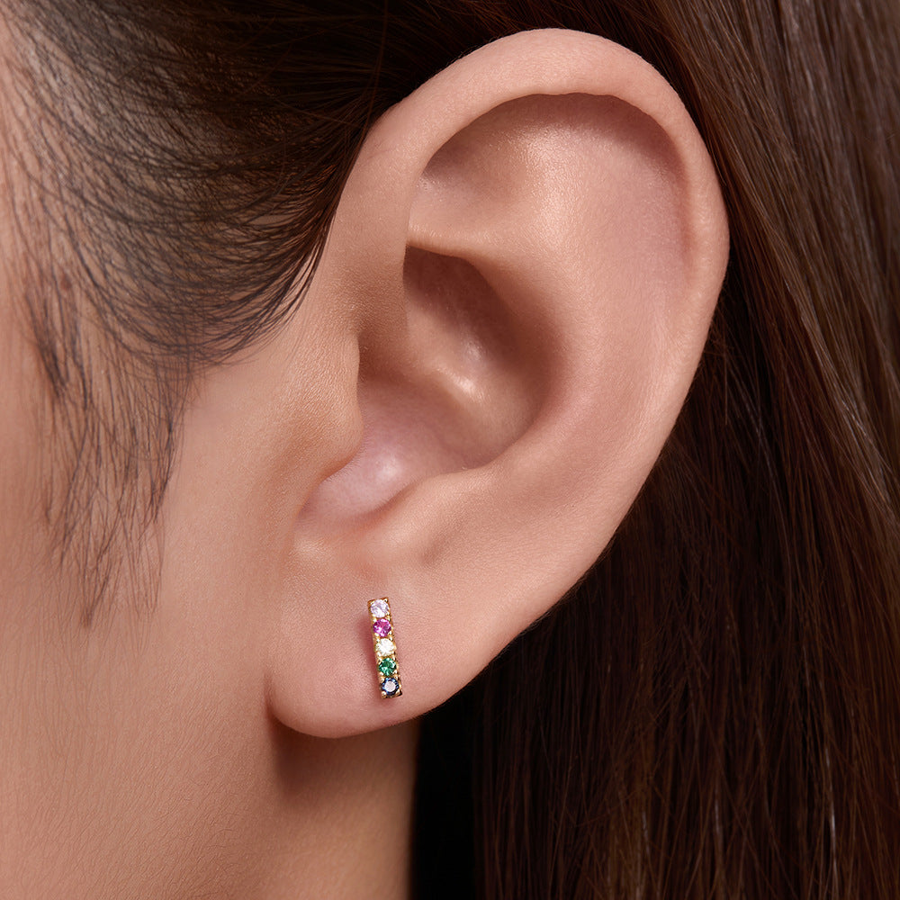 S925 Sterling Silver One-Shaped Micro-Inlaid Colored Zircon Stud Earrings And Square