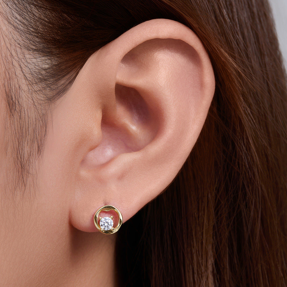 S925 Sterling Silver Geometric Round Hollow Zircon Earrings Femininity High-End Stud Earrings